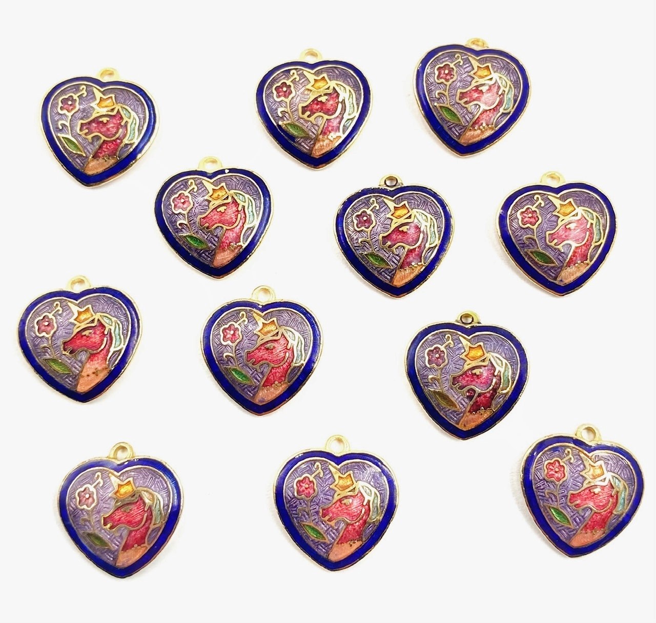 12 Vintage Cloisonné Unicorn & Flower Pink Blue Gold Heart Pendant Charms 5312PT