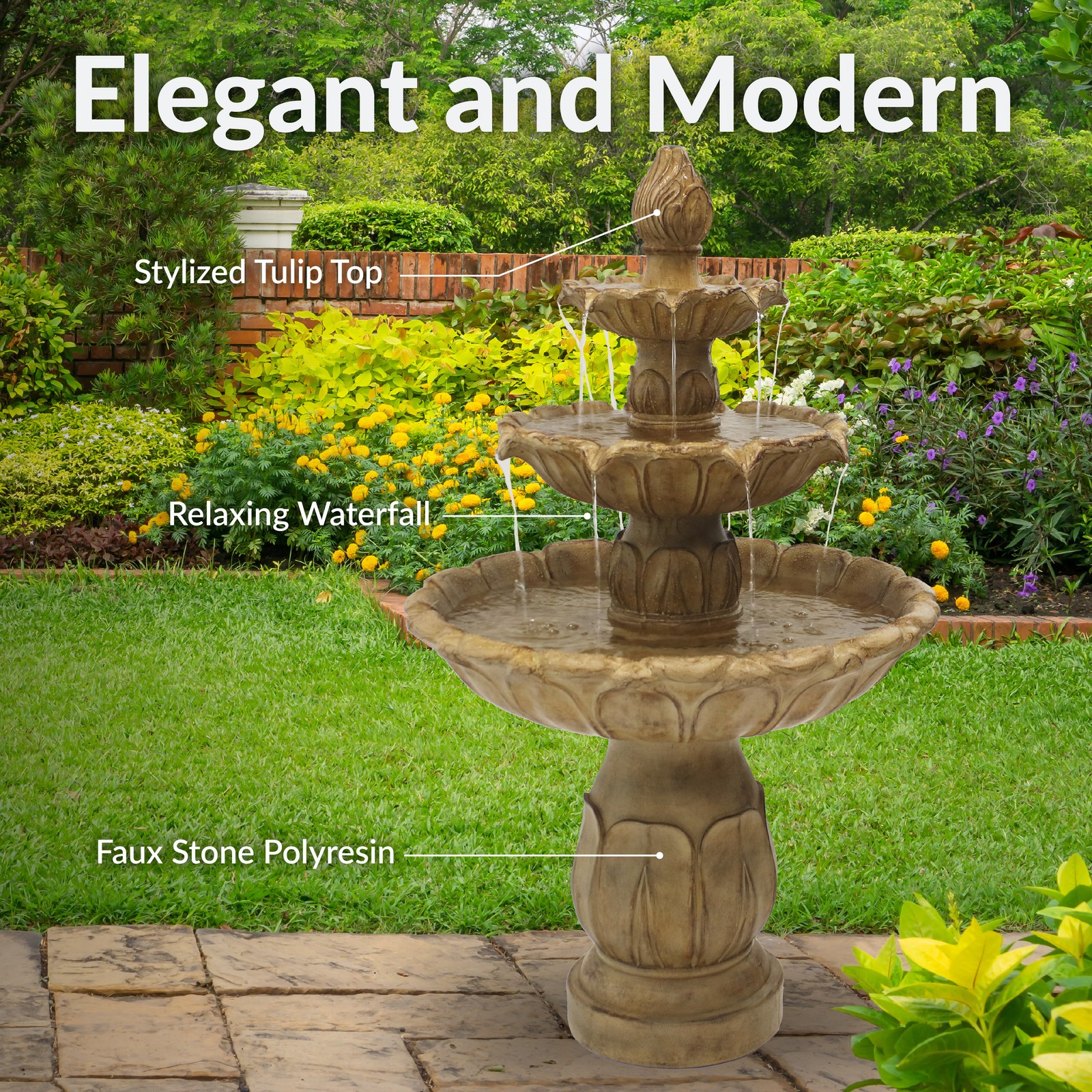 Classic Tulip Polystone Outdoor 3-Tier Fountain - Stone by Sunnydaze