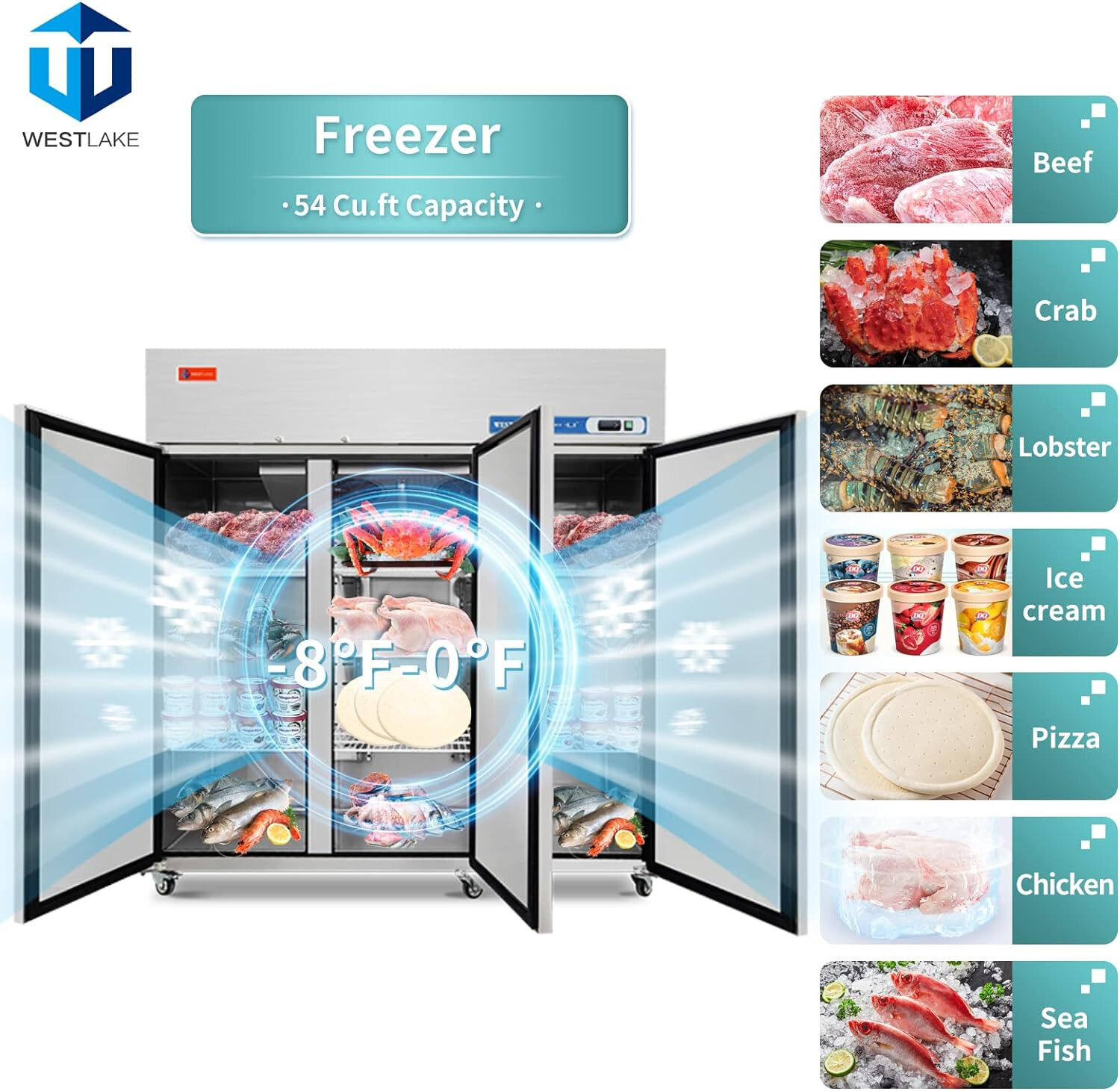 Commercial Reach In Freezer, WESTLAKE 72 Inch Commercial Freezer 3 Door 54 Cu.ft