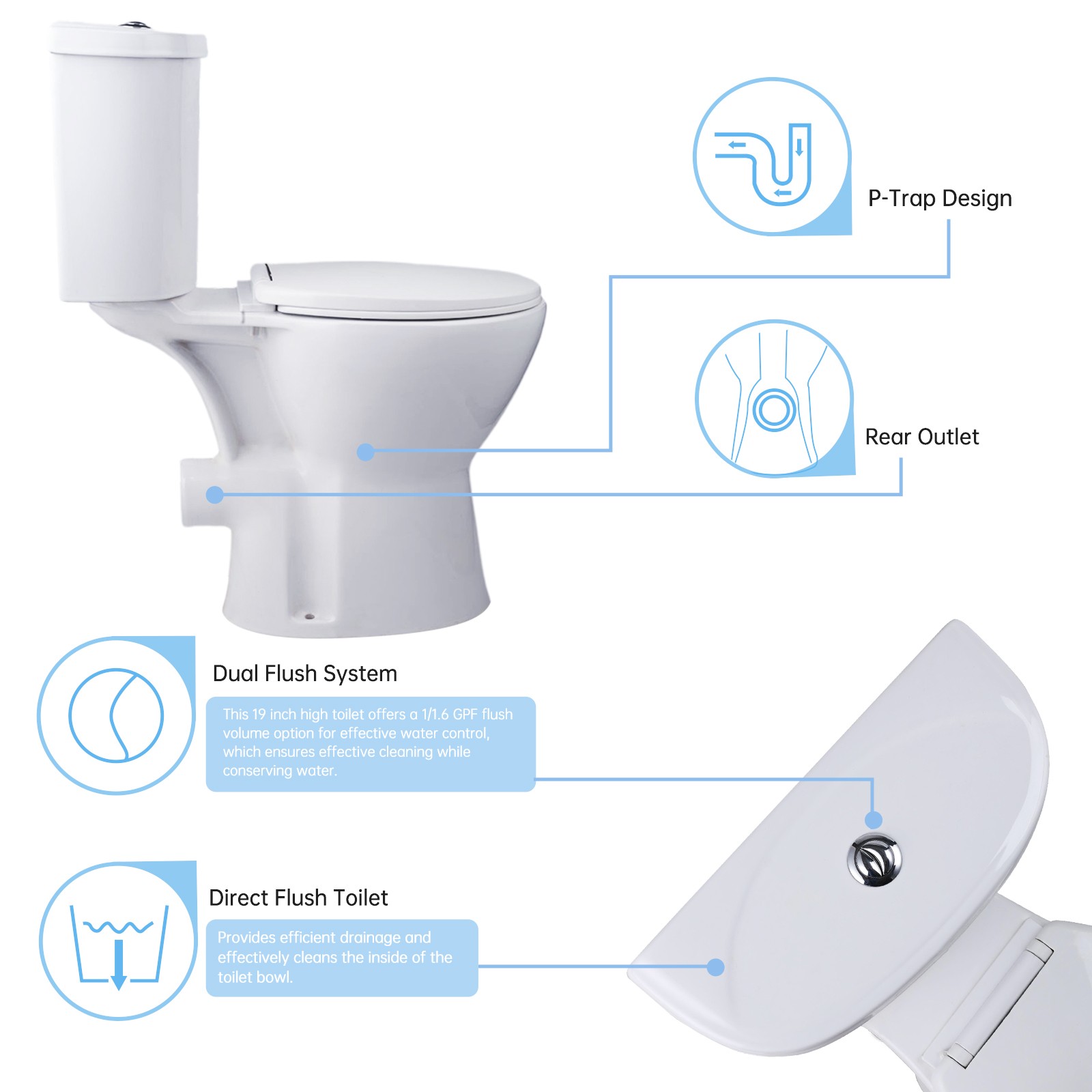 19 Inch Tall Toilet Rear Discharge Toilet with Dual Flush 1/1.6GPF for Seniors
