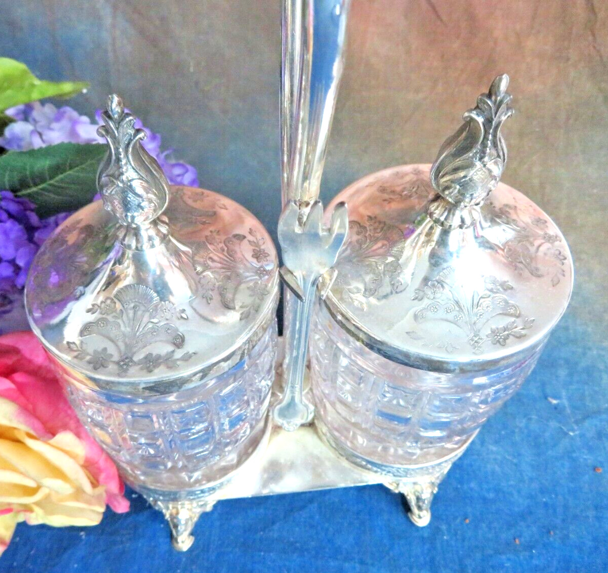 Pickle Castor silver plate frame Meriden B double EAPG jars Antique Victorian