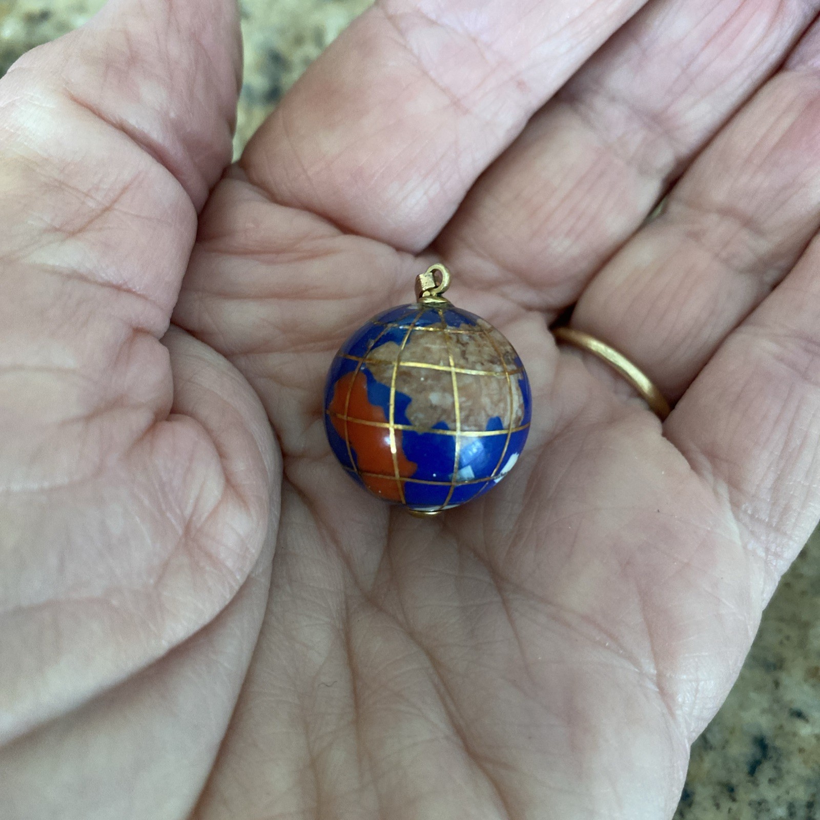 Vintage Yellow Gold Plated & Blue Enamel Globe Earth Dangle Charm Or Pendant
