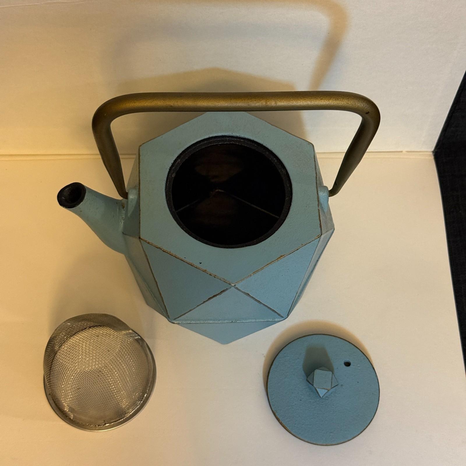 Japanese Tetsubin Cast Iron Blue Diamond Geometric Tea Kettle Stovetop w Infuser