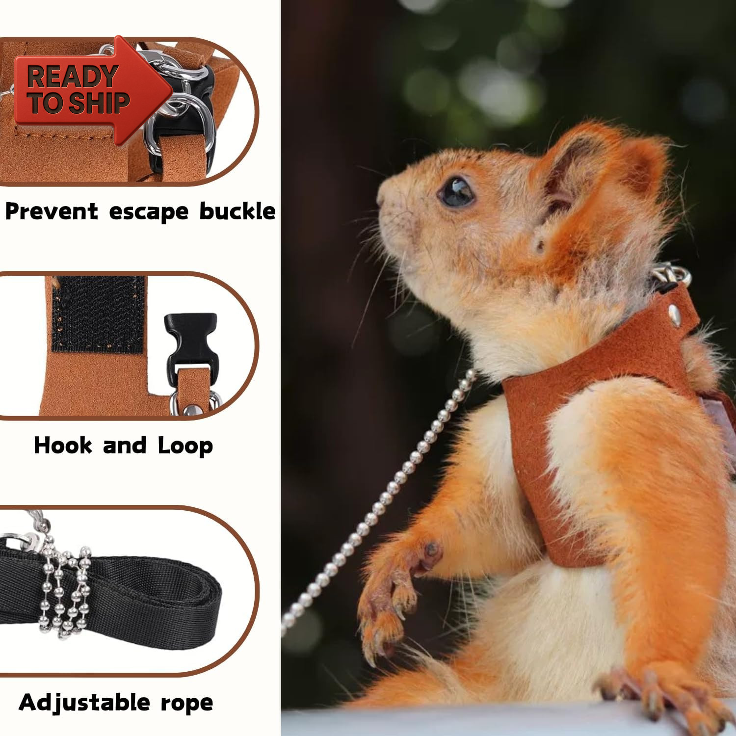 3 Pack Squirrel Harness and Leash Set - Adjustable Soft Leather & Traction Rope