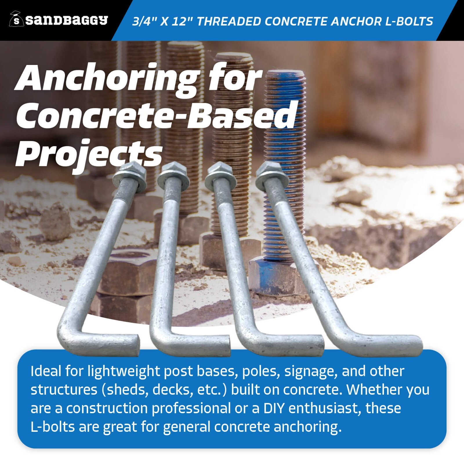 Sandbaggy 3/4" x 12" Threaded Concrete Anchor L-Bolts - Hot Dipped Galvanized