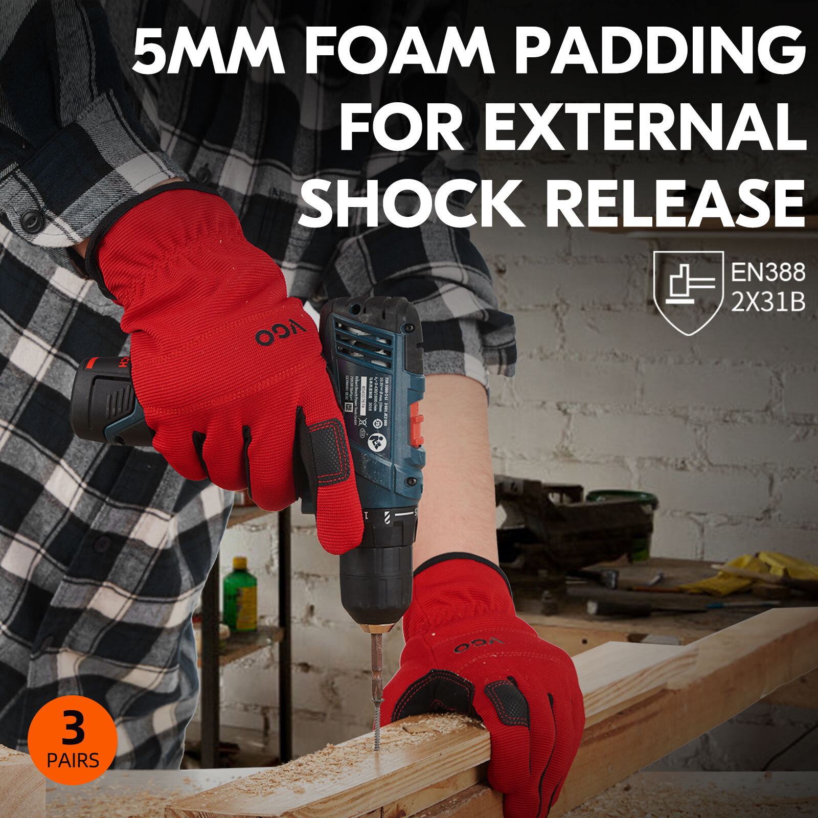 Vgo 1/3Pairs Flex Grip Leather Work Gloves, Light duty Mechanic Gloves (NB7581)