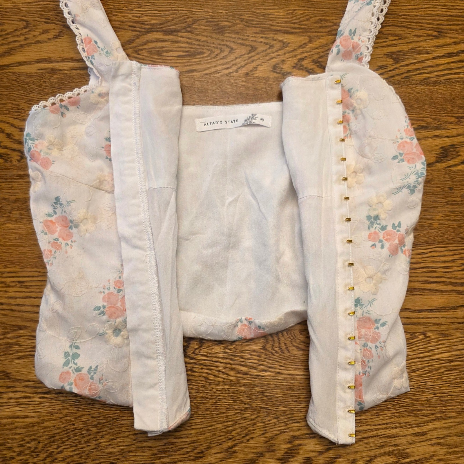 Altar'd State Corset Crop Top Floral Print White Pink Girlhood Core Lace Trim XS
