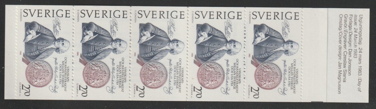 Sweden    1982   Sc # 1453a    Sweden-US Relations  Complete  Booklet  Pane of 5