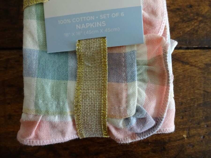 THE FARMHOUSE 6PC PASTEL CHECK Ruffled EASTER SPRING NAPKINS Rachel Ashwell