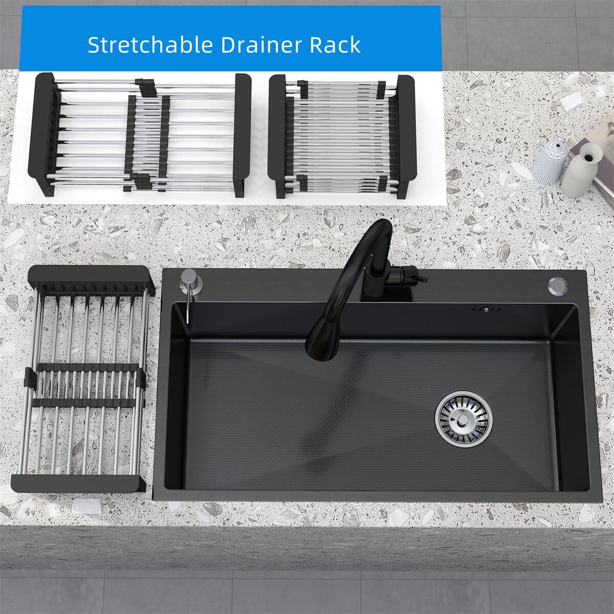 28"/30"/32" Drop In Kitchen Sink Stainless Steel Single Bowl Top Mount Black