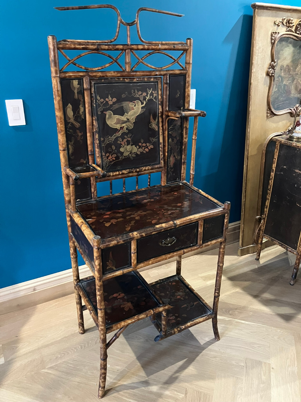 Victorian Tortoiseshell Bamboo & Japanned Lacquer Bonheur du Jour Late 19th C