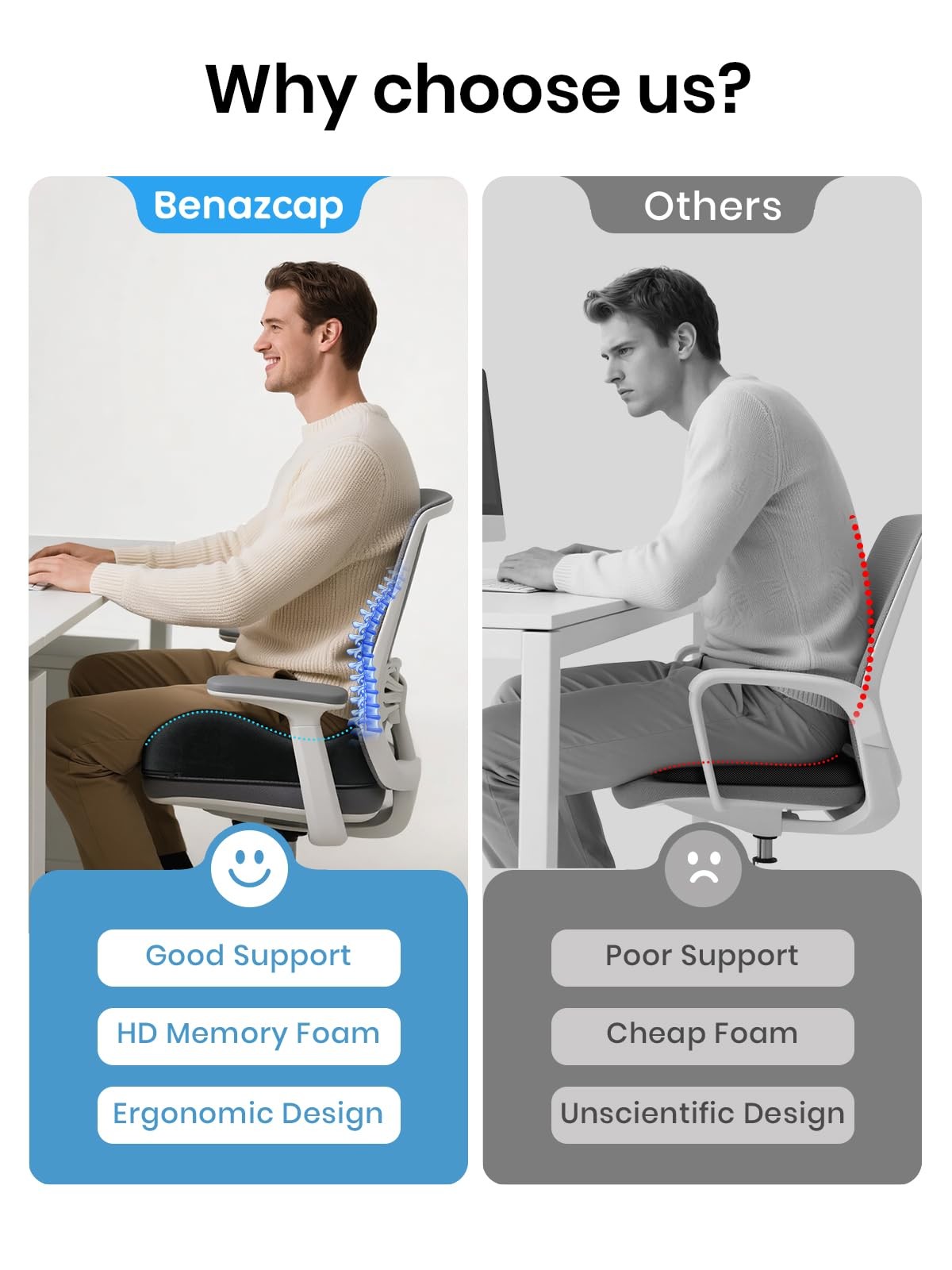 Large Memory Foam Office Chair Cushion Seat Pad, Ergonomic Seat Cushion for S...