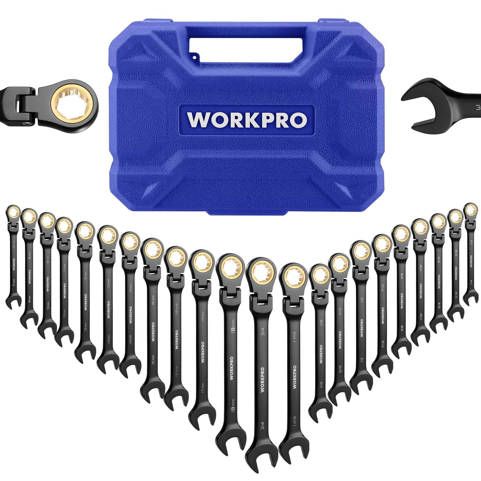 22-piece Ratcheting Wrench Set w/180° Flex Head, Anti-Slip Tooth w/Organizer Box