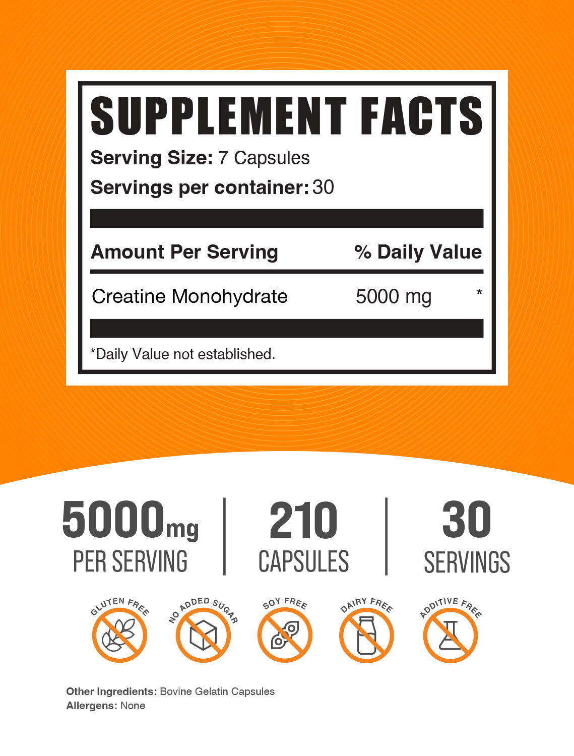 BulkSupplements Creatine Monohydrate 210 Capsules - 5000 mg Per Serving