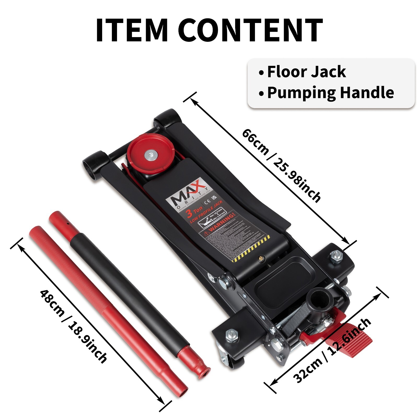 3-Ton Low Profile Hydraulic Floor Jack with Dual-Pump and Foot Pedal, Red