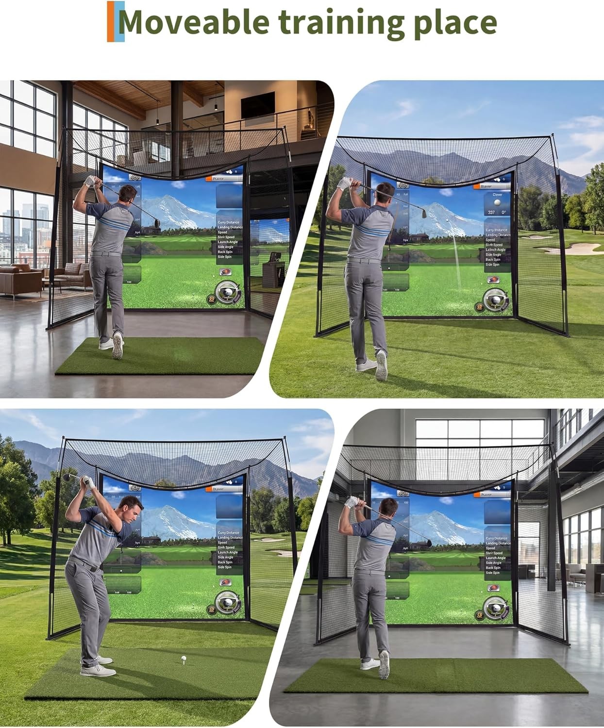 Enclosed Golf Cage Net 10x8x5.7ft with Blank Impact Screen, Indoor Simulator Set
