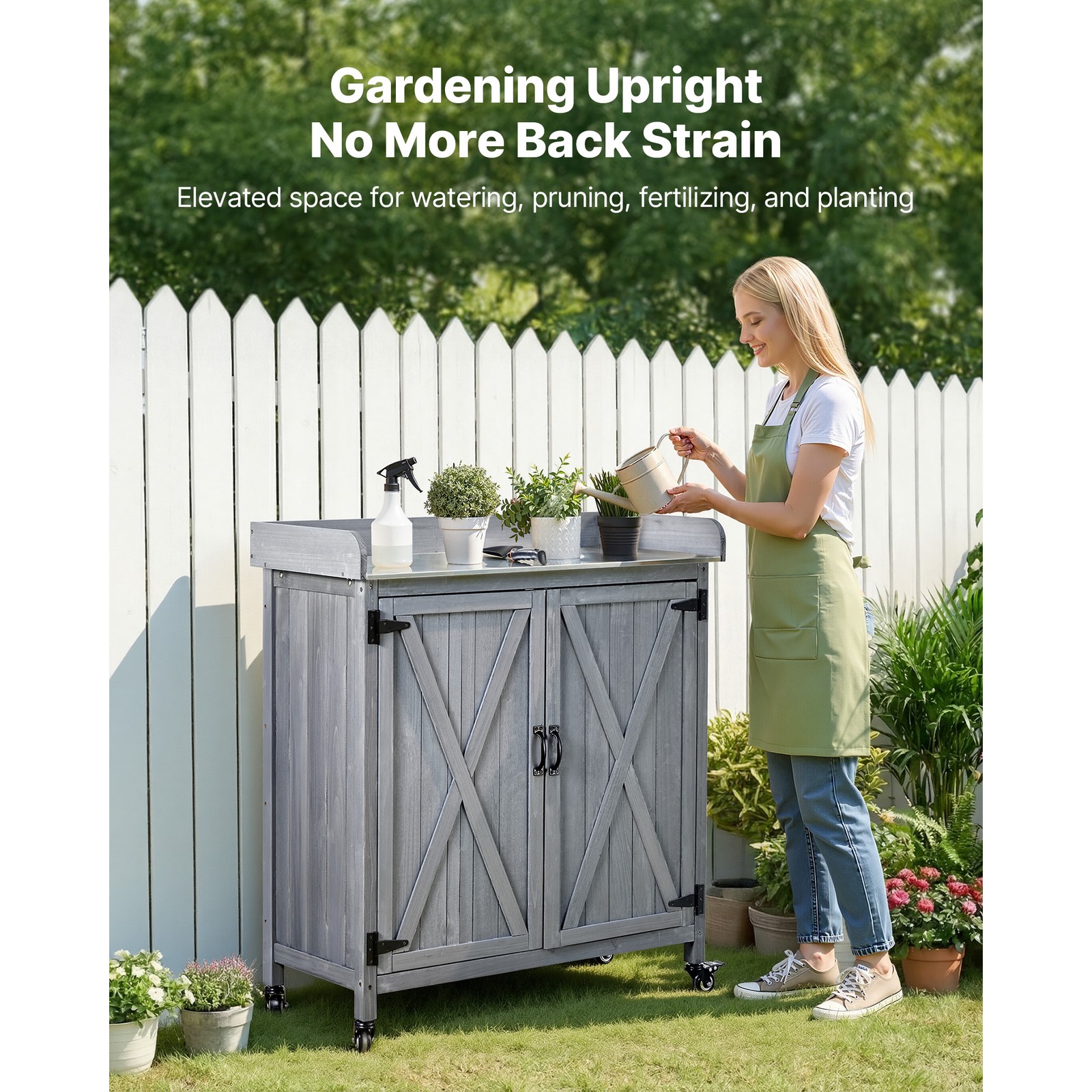 Uimoso Outdoor Wooden Potting Bench with Iron Work Surface and Storage Cabinet