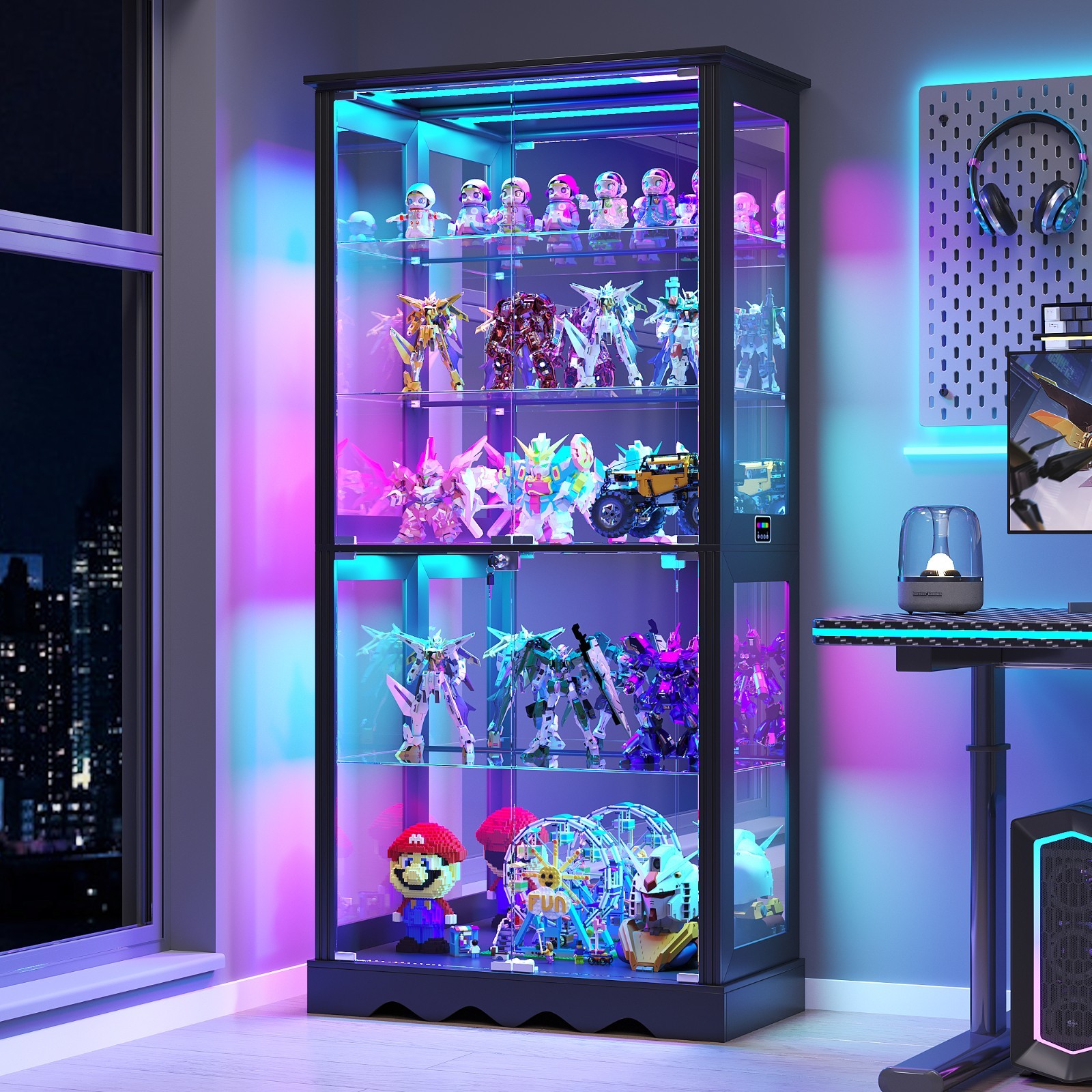 Display Cabinet with Glass Doors, Curio Cabinet with RGB Lights for Collectibles
