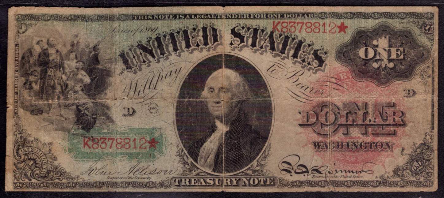 1869 $1 LEGAL TENDER RAINBOW NOTE FR.18 ALLISON SPINNER PCGS B FINE F 12