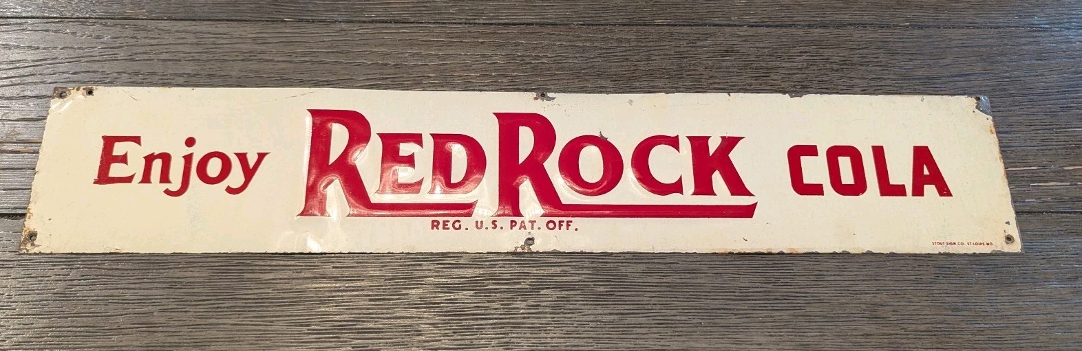 RARE RED ROCK COLA TIN TACKER STRIP SIGN EMBOSSED STOUT CO.  100% ORIGINAL