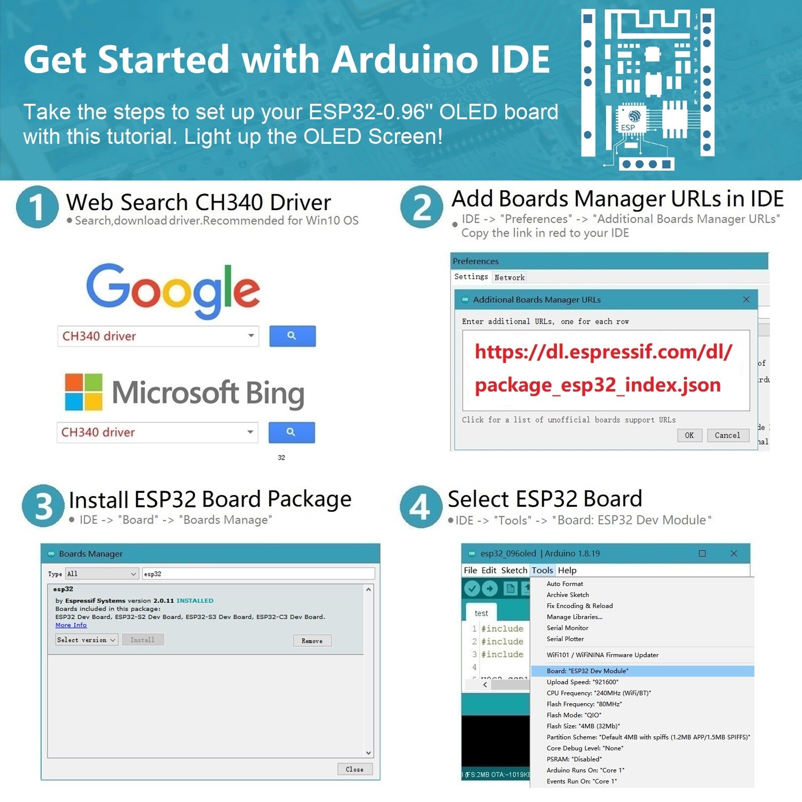 ideaspark® ESP32 Development Board with 0.96 Inch OLED Display,CH340,WiFi+BLE