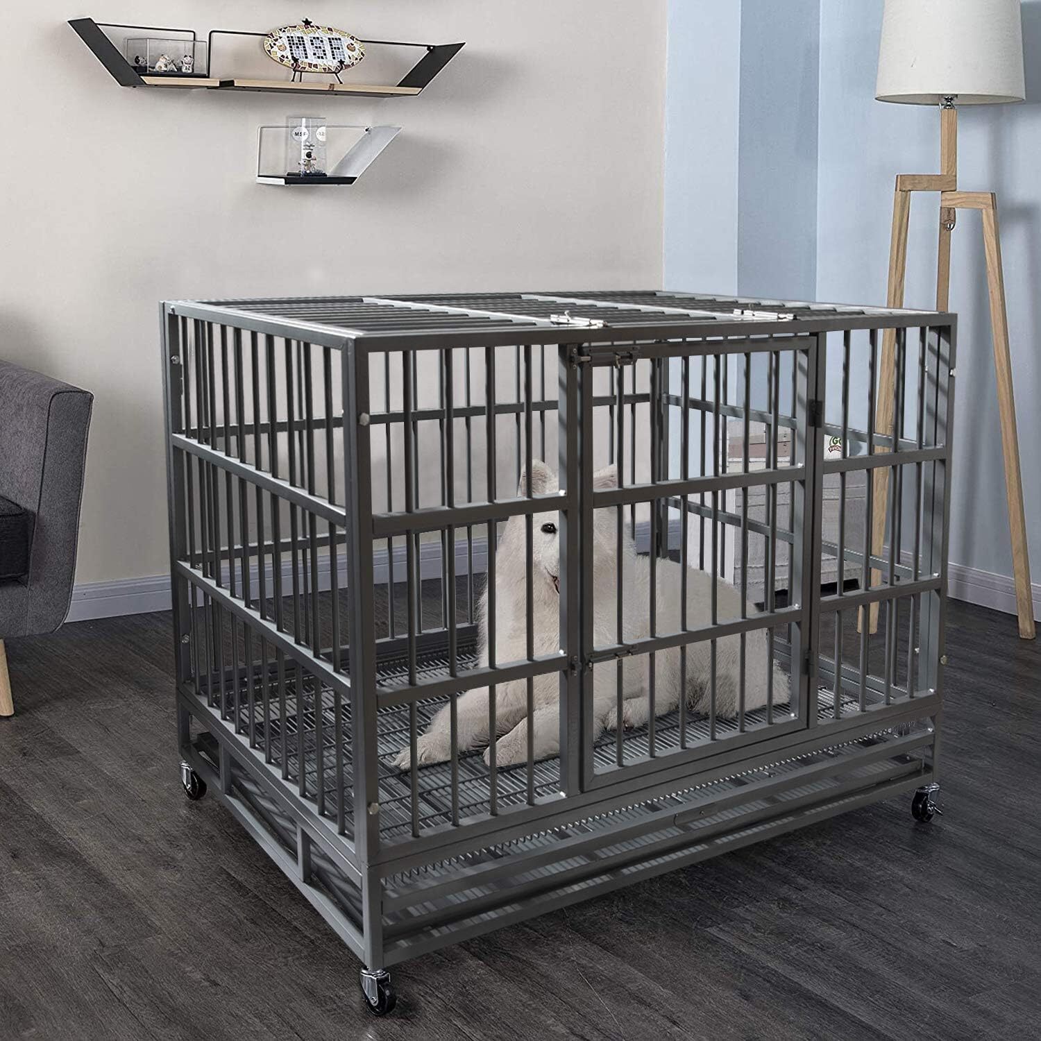 48 Inch Heavy Duty Indestructible Dog Crate Cage Kennel with Wheels,High Anxiety