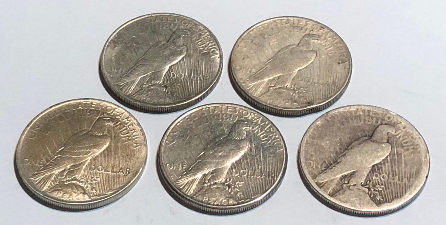 Lot of 5 Cull 1922-1935 US $1 Silver Peace Dollars, Mixed Dates & Mint Marks