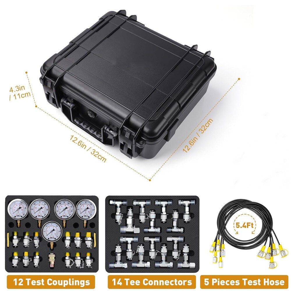 Hydraulic Pressure Test Kit 5 Gauges 13 Couplings 14 Tee Connectors 5 Test Hoses
