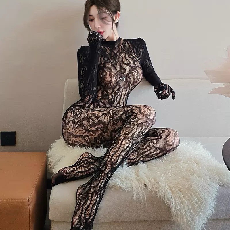 Sexy Black Lace Bodystocking Fishnet Teddy Long Sleeve With Finger Catsuit 5331