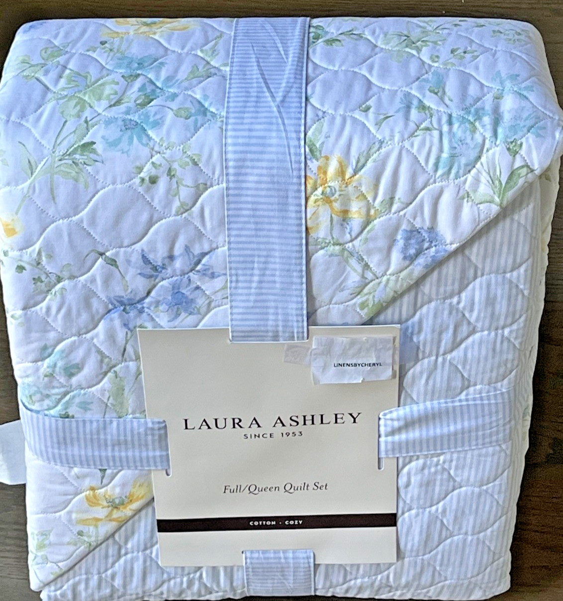 Laura Ashley Poppy Meadow Yellow Blue Floral Cotton Full/Queen Quilt Set