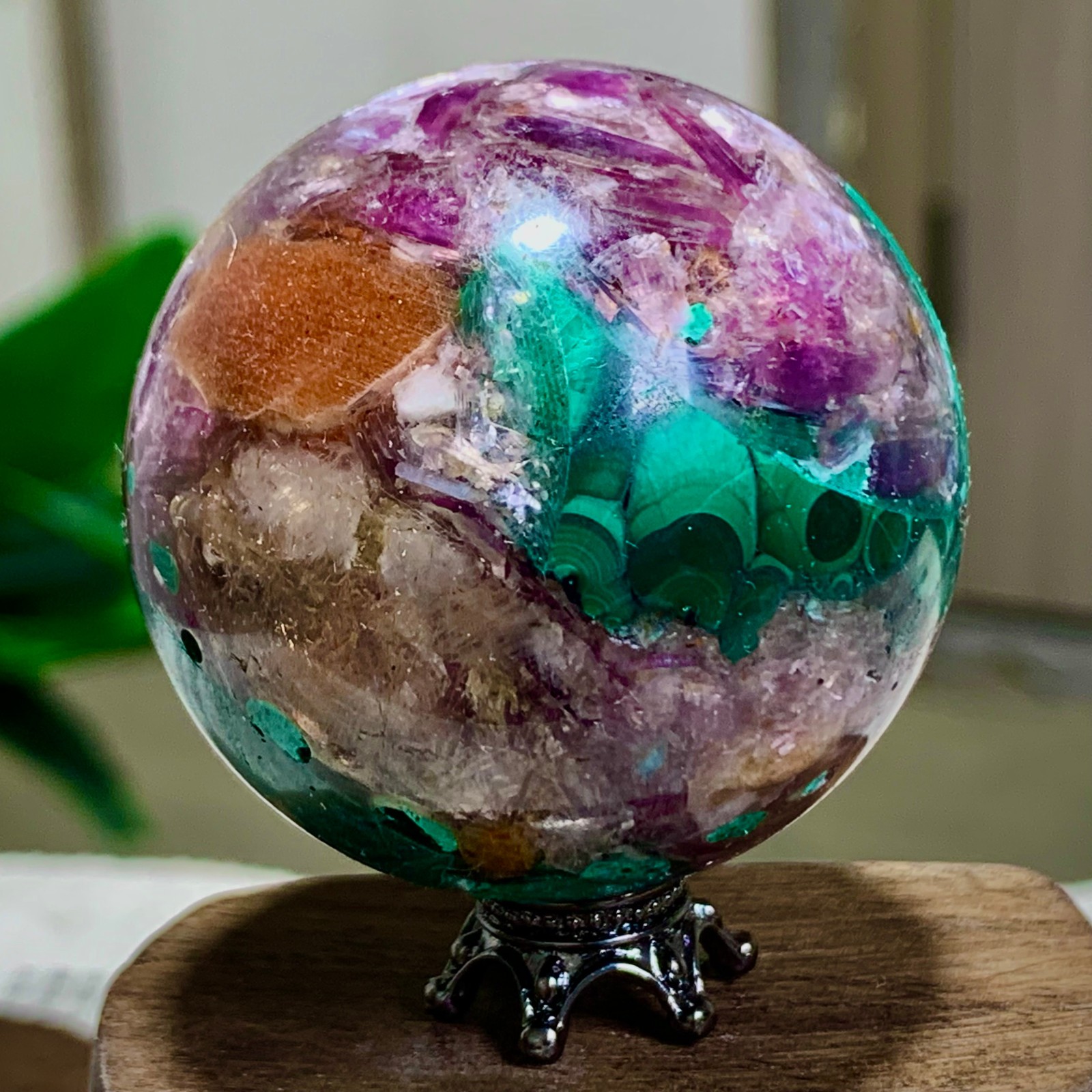 117G Newly discovered rare malachite purple mica symbiotic sphere restoration