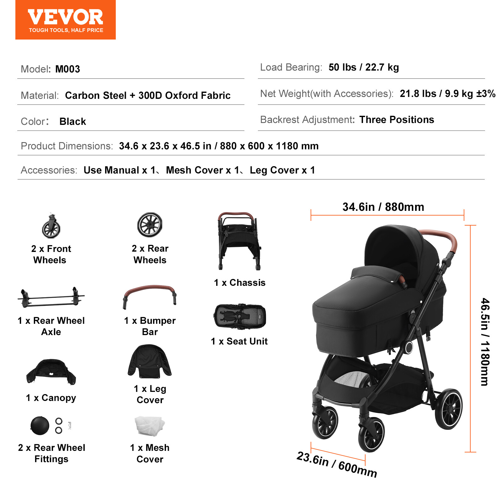 VEVOR Convertible Baby Infant Stroller Foldable Pushchair with Bassinet Black