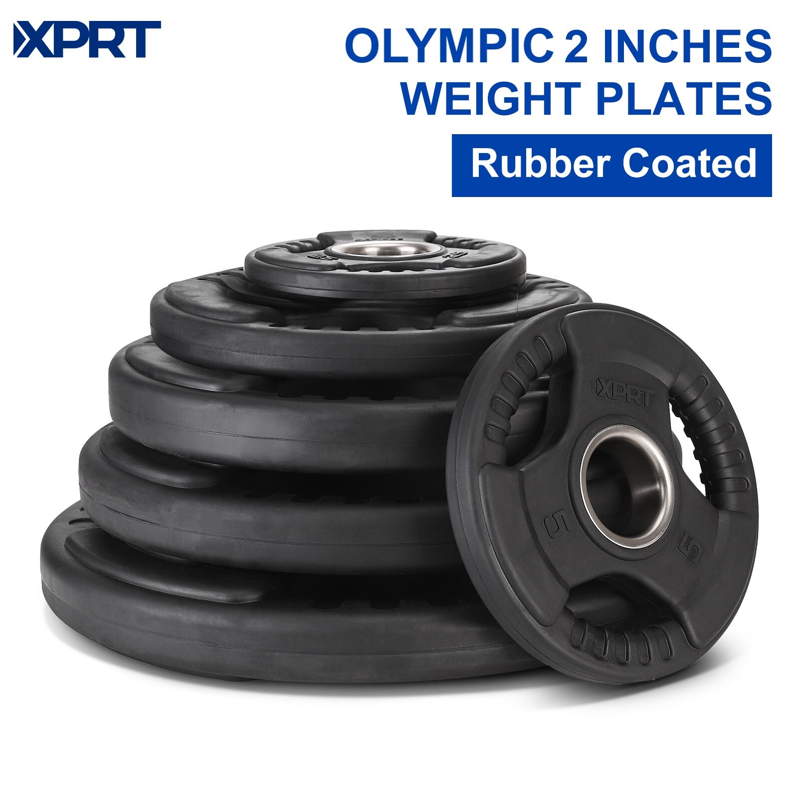 XPRT Fitness Olympic Weight Plates 2.5-45lb Rubber Coated Triple-Grip Home Gym W