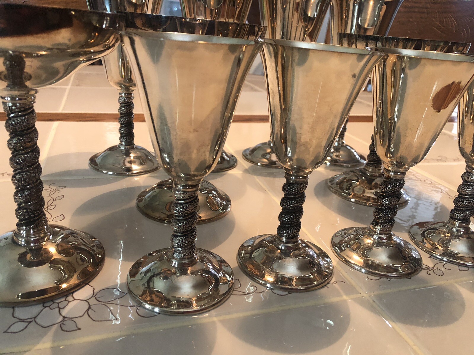 (12) Vintage Alfonso Lara Silverplate Wine Cups Goblets Spain Vine Twisted Stem