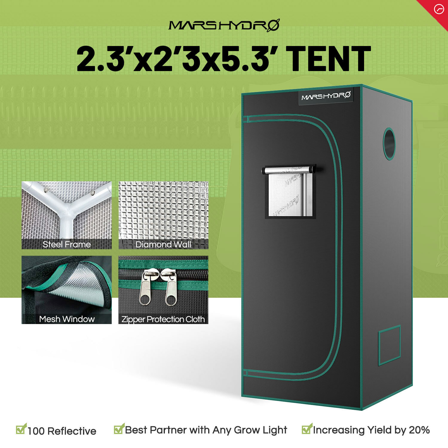 Mars Hydro 2.3'x2.3'x5.3' Indoor Grow Tent Room Box For Indoor Plant Home Veg