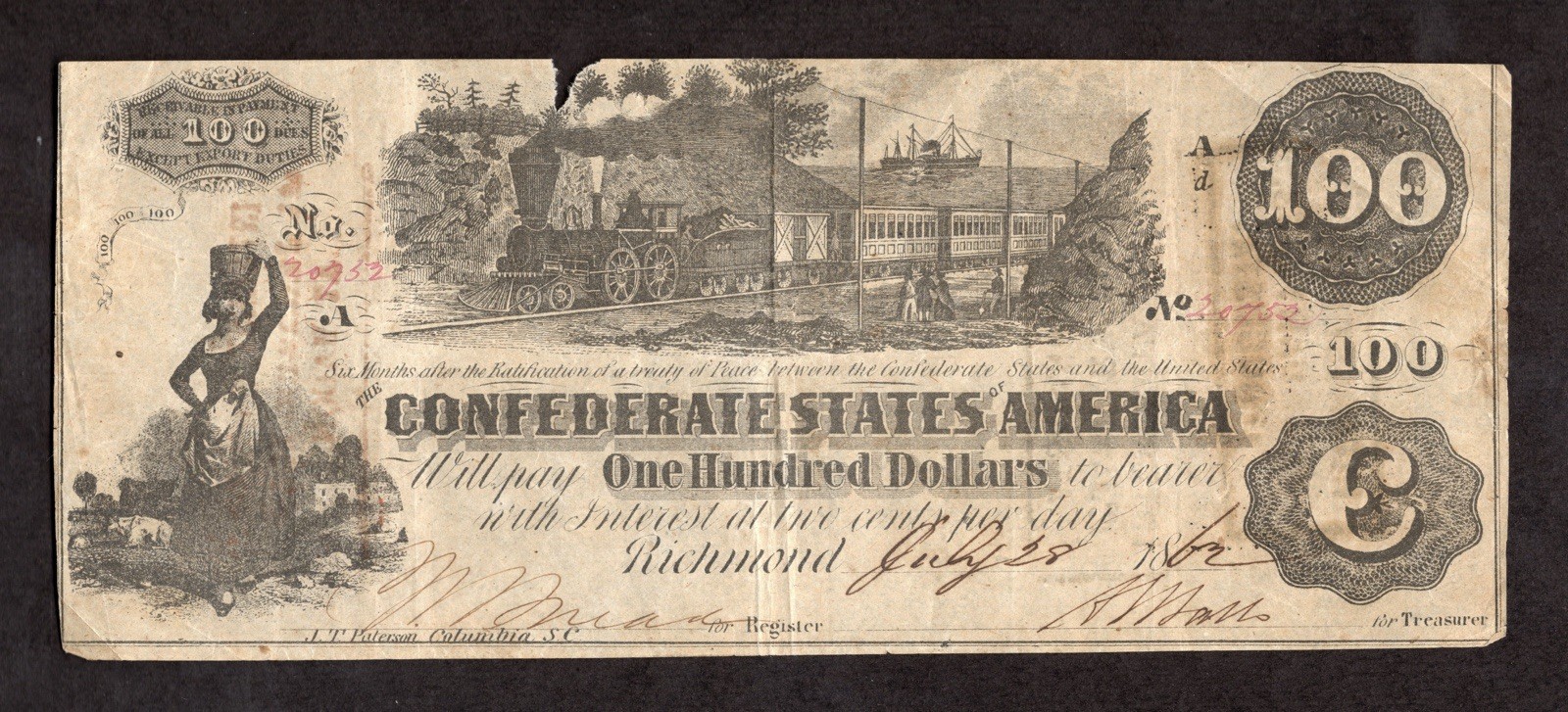 1862 $100 T-39 Confederate States of America - VF