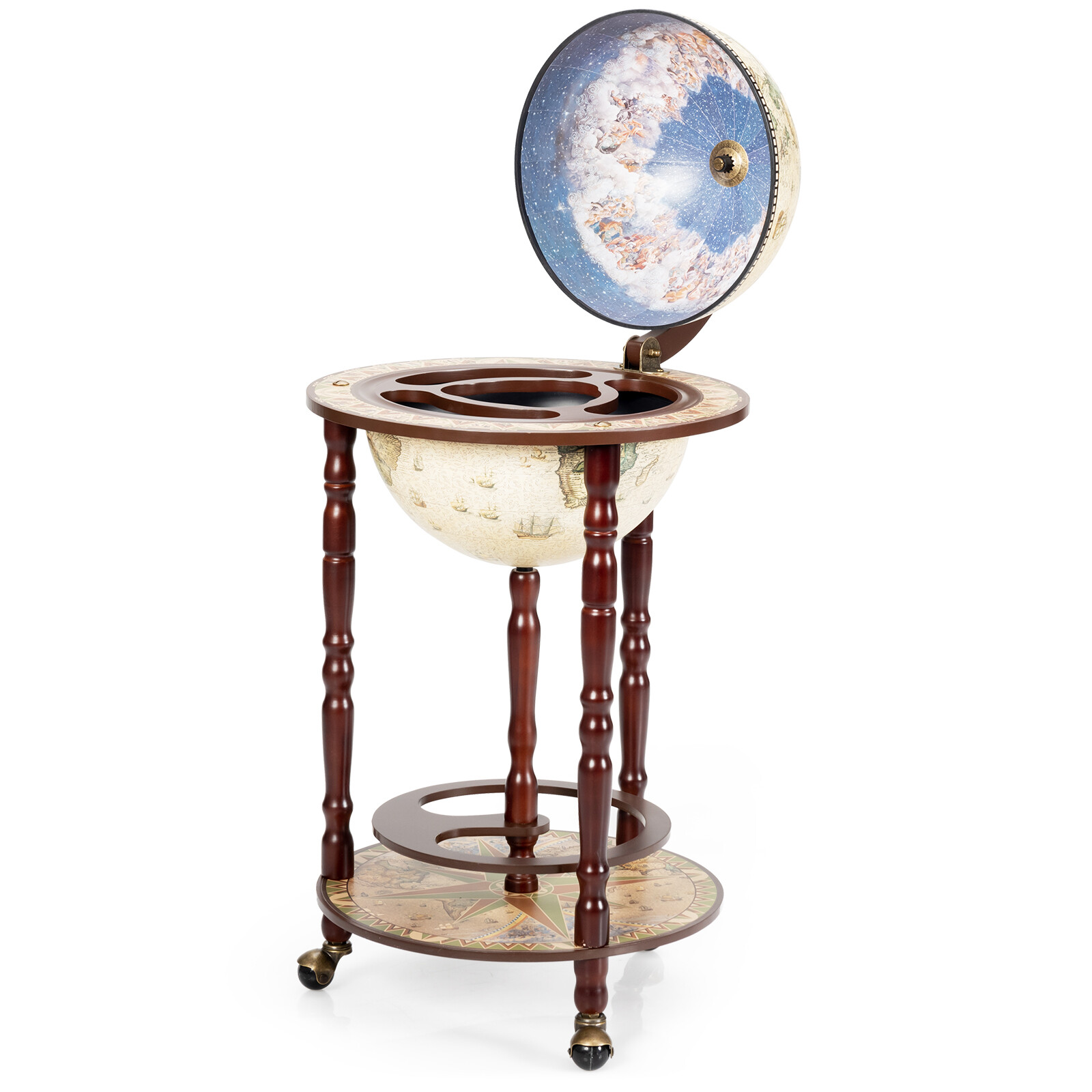 17.5" Wood Globe Wine Bar Stand Liquor Bottle Shelf Cart 16th Century Italian