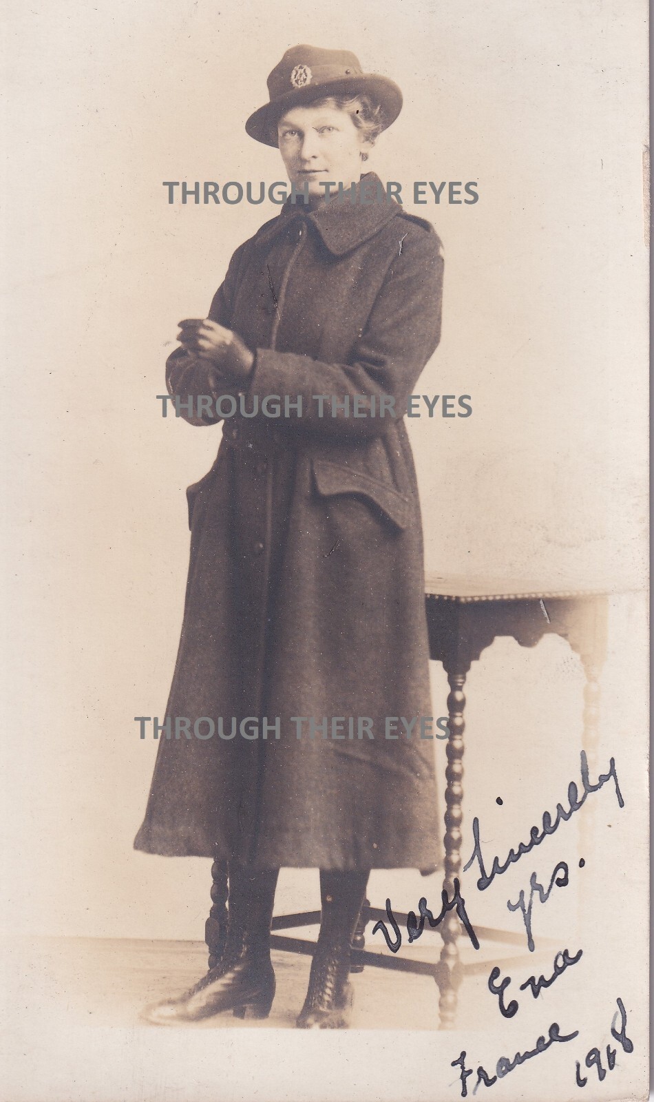 Original WW1 photo postcard Women's Army Auxiliary Corps WAAC cap badge on hat