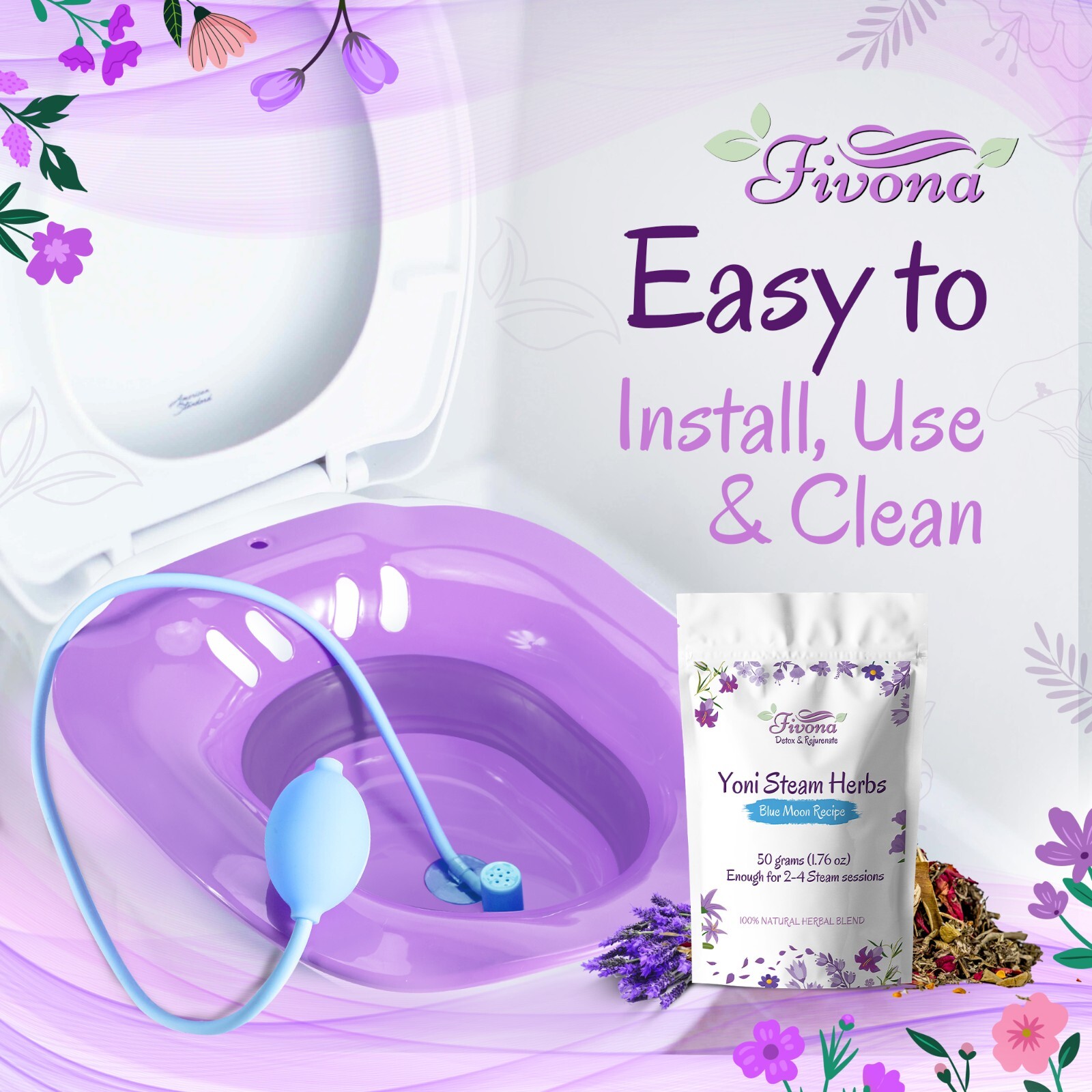 Fivona Yoni Steam Kit 4-in-1 Seat with Hand Pump, Bag and Blue Moon Recipe Herbs