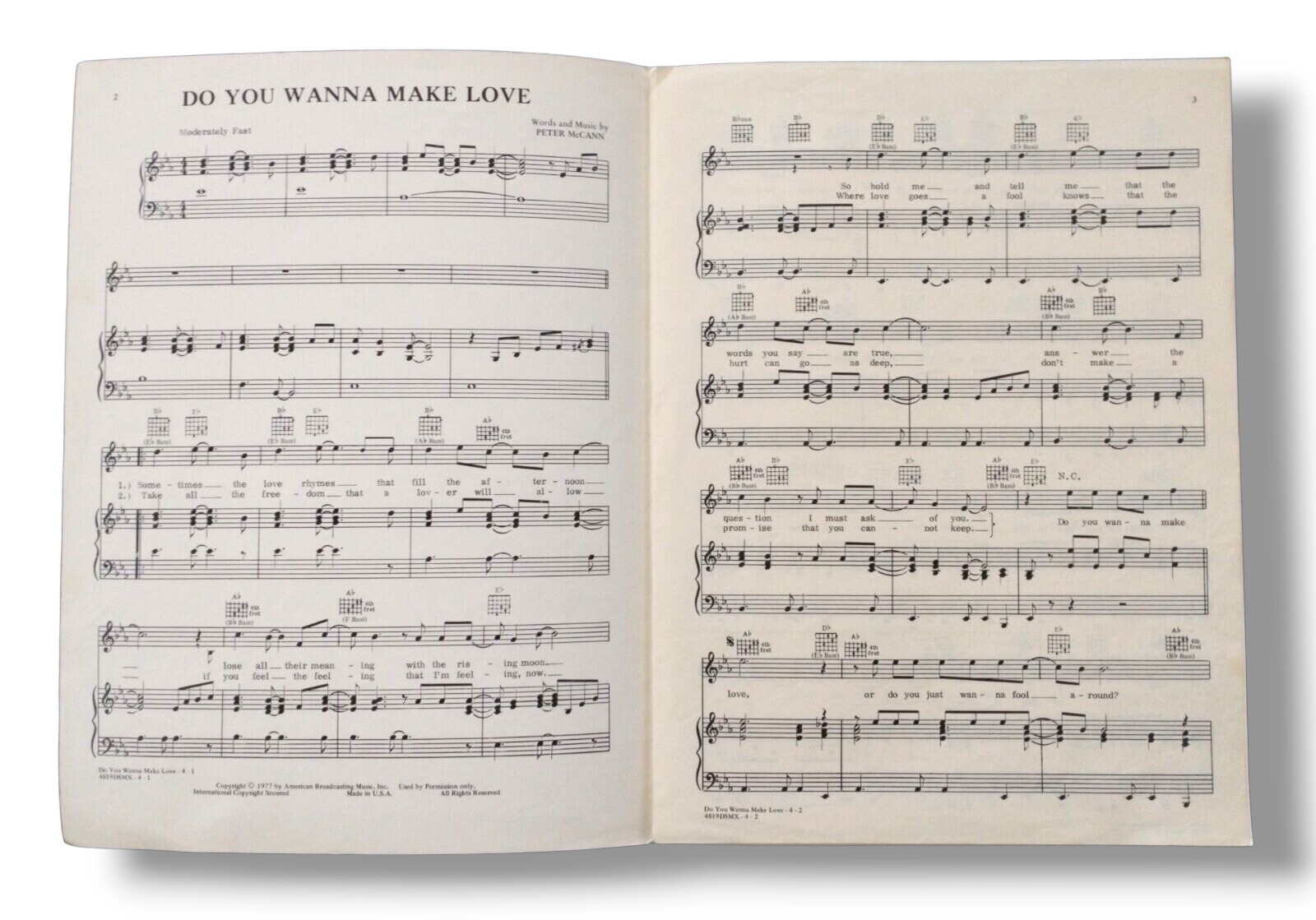 Peter McCann: Do You Wanna Make Love Sheet Music for Piano. 1977, ABC Music