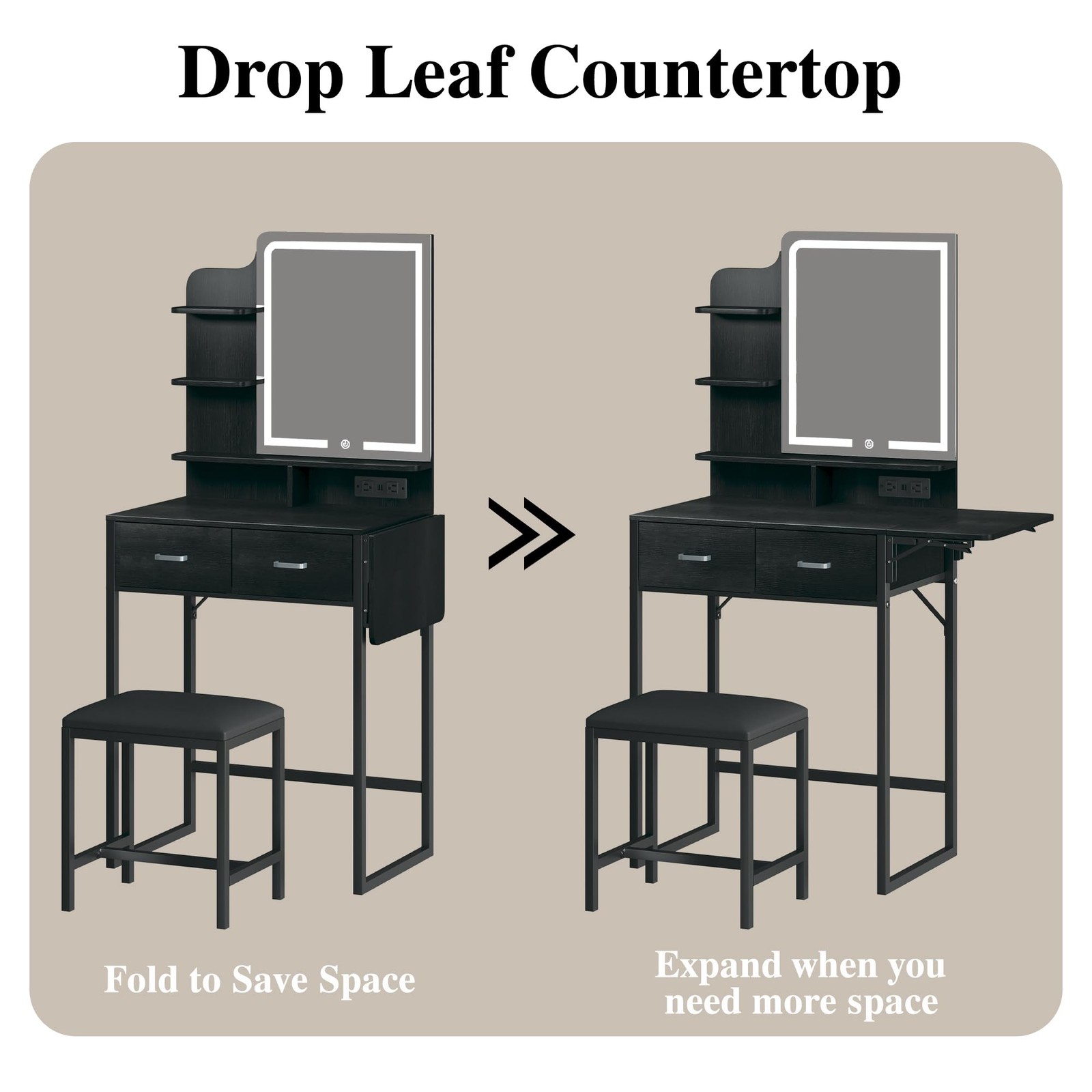 Makeup Vanity Desk with Mirror and Lights, Small Vanity with Chair & Shelves