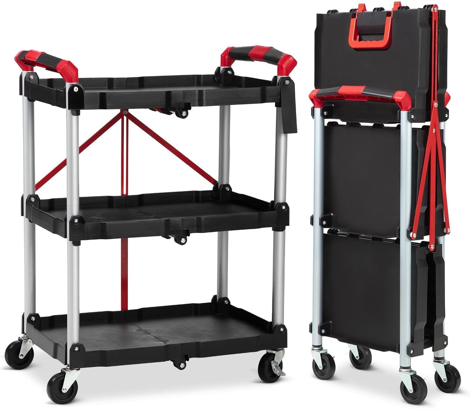 3-Tier Folding Utility Cart with Wheels - Portable Folding Service Cart w/Handle