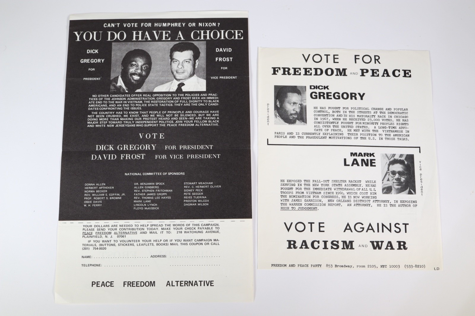 1968 Dick Gregory Peace & Freedom Presidential Campaign Flyers