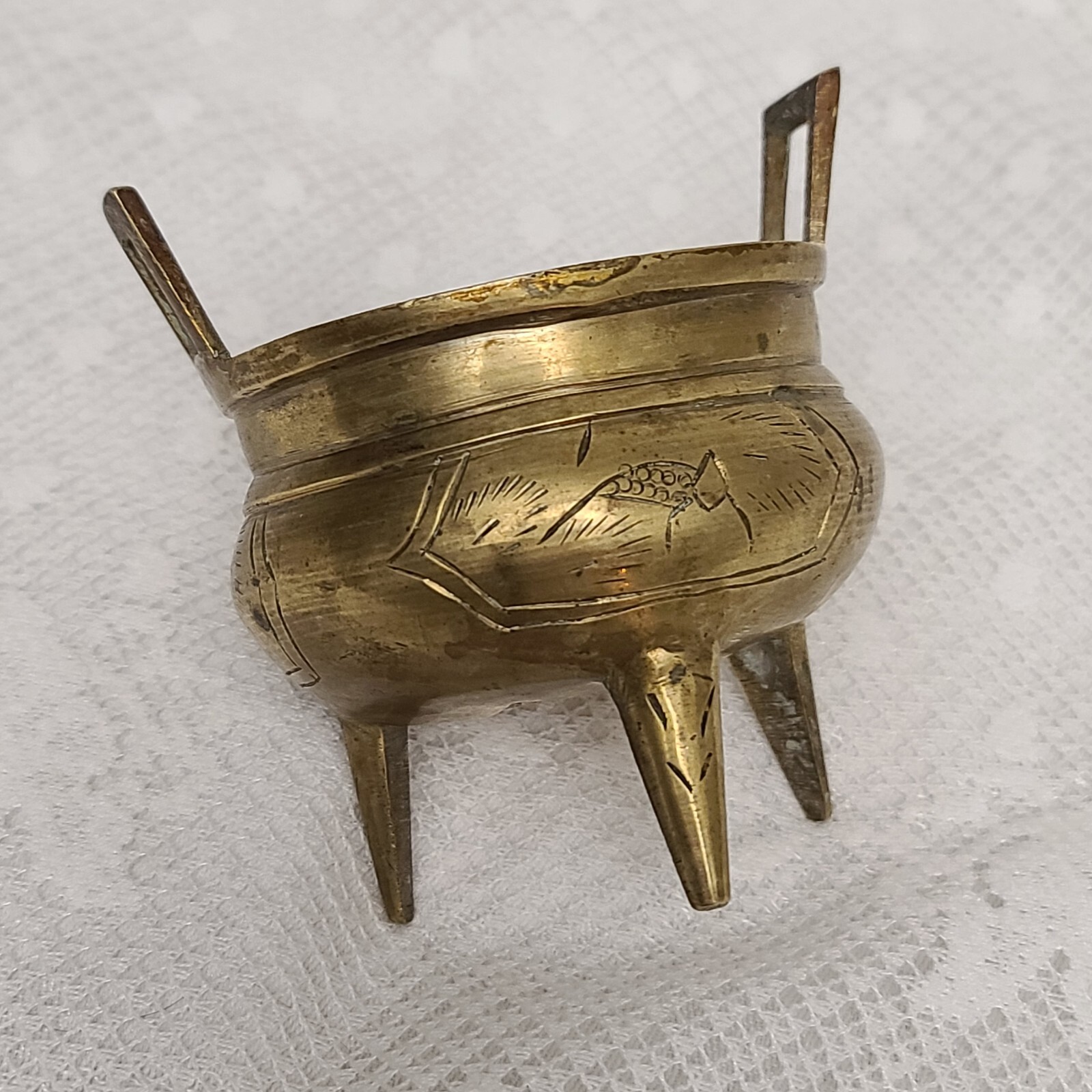 Vintage Antique Chinese Bronze Brass Stamped Incense Burner Bowl Dish Set/Pair 2