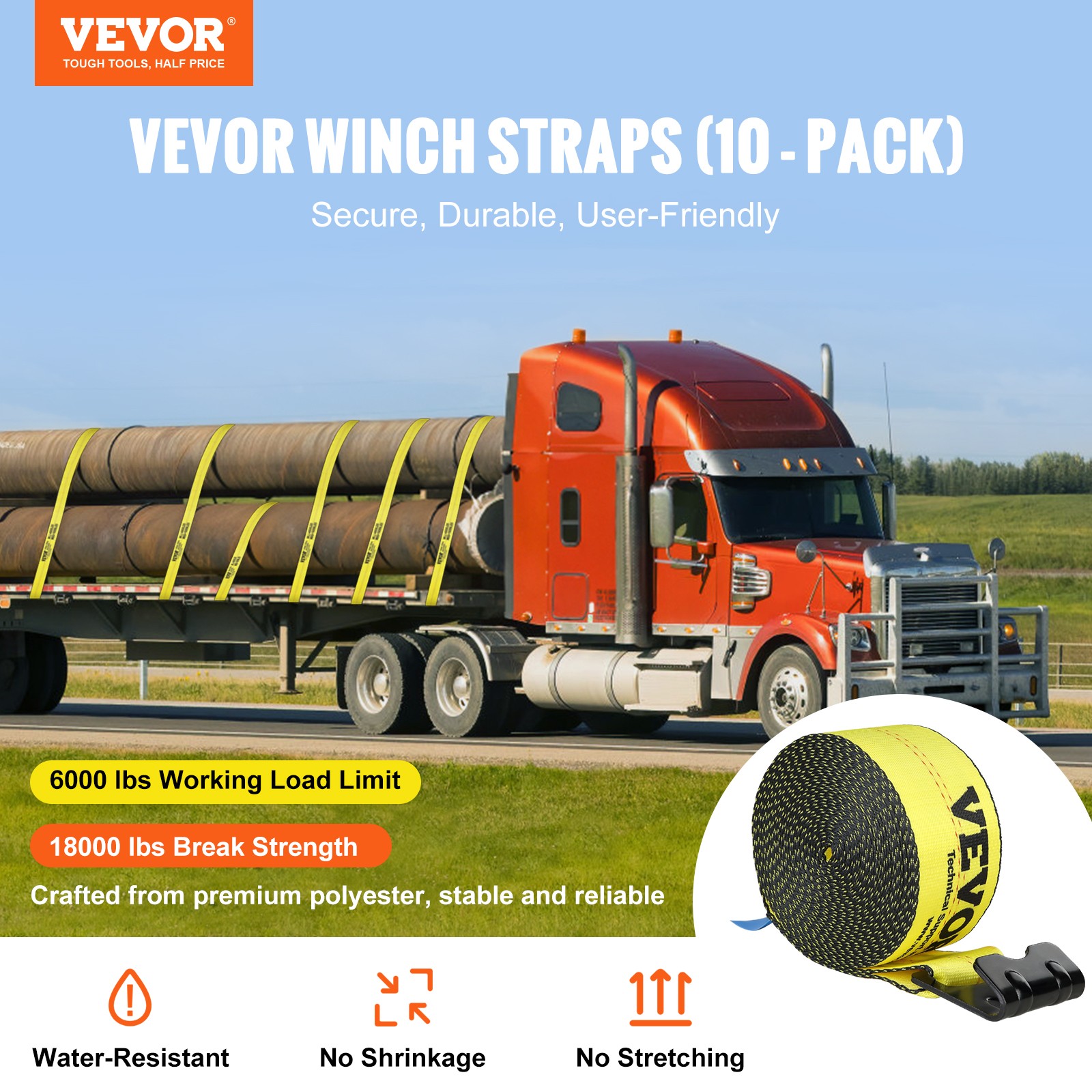 VEVOR Truck Straps Winch Straps 4"x30' with Flat Hook for Towing 10 Pack Yellow