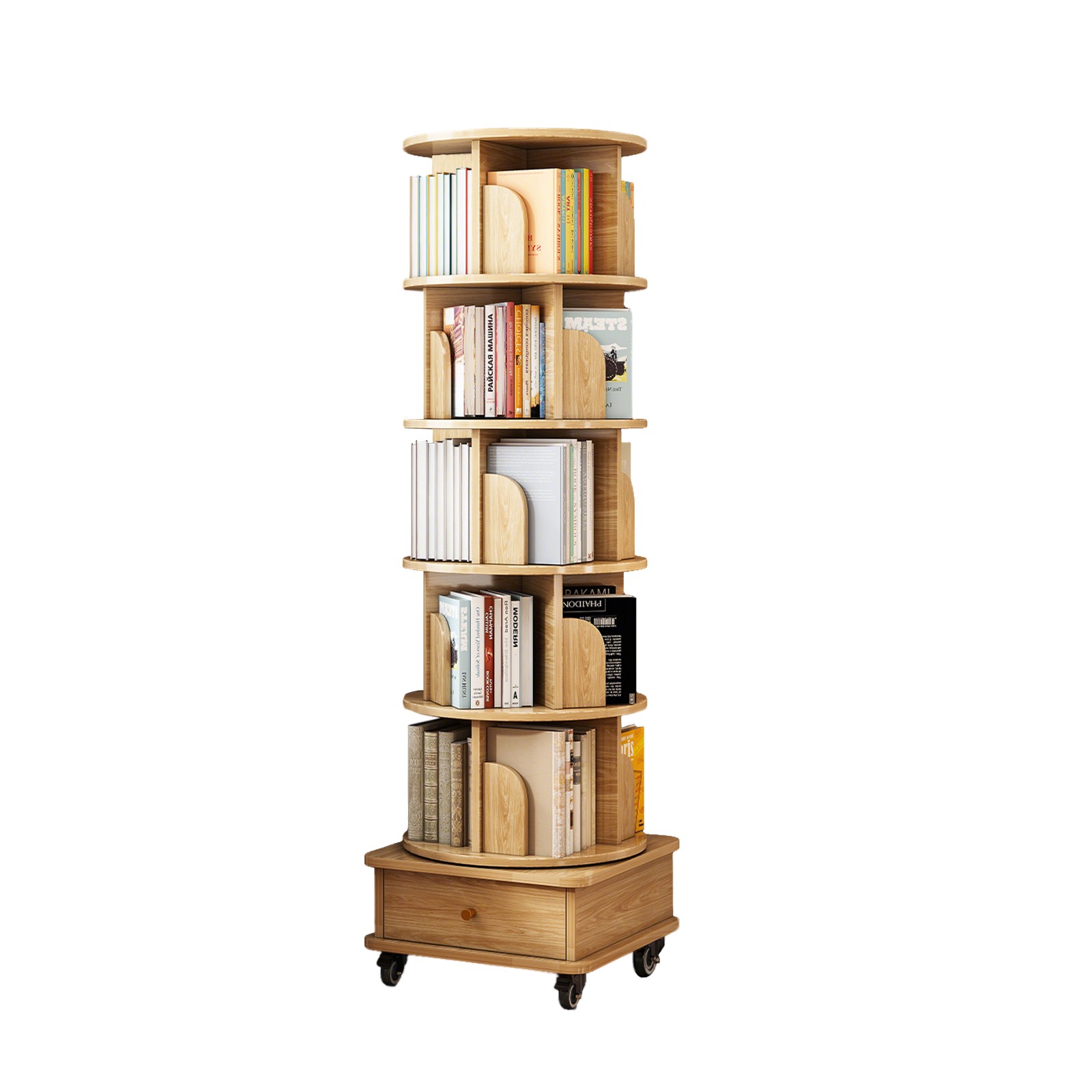 6 Tier Rotating Bookshelf, 360° Display Round Spinning Bookshelf w/ Drawer Home