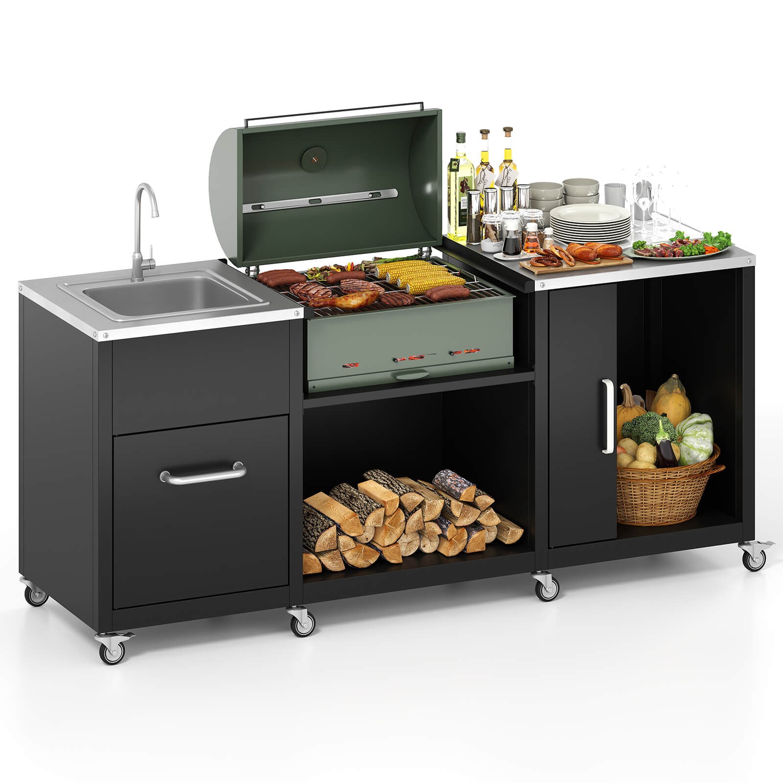 80" Outdoor Grill Table with Sink Drainage Cabinet Removable Stainless Steel Top
