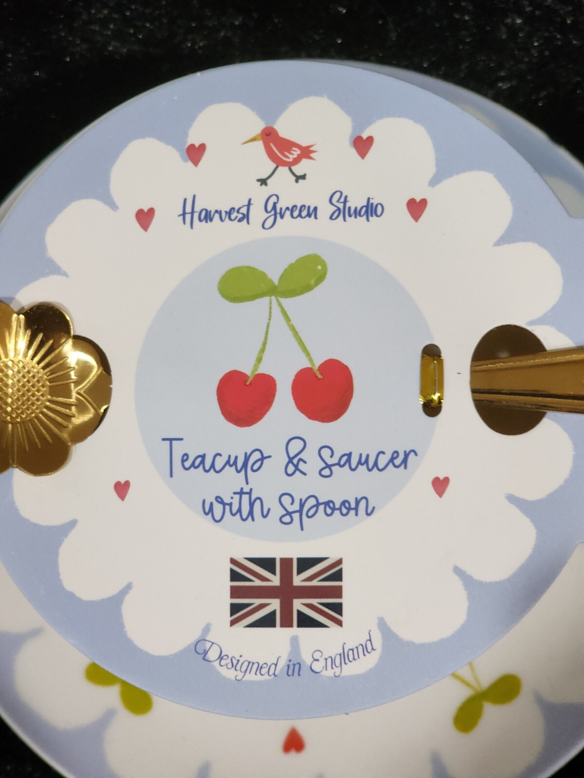 Cherry Bows Teacup & Saucer w Flower Spoon Hearts Blue Red White Lacey Cherries