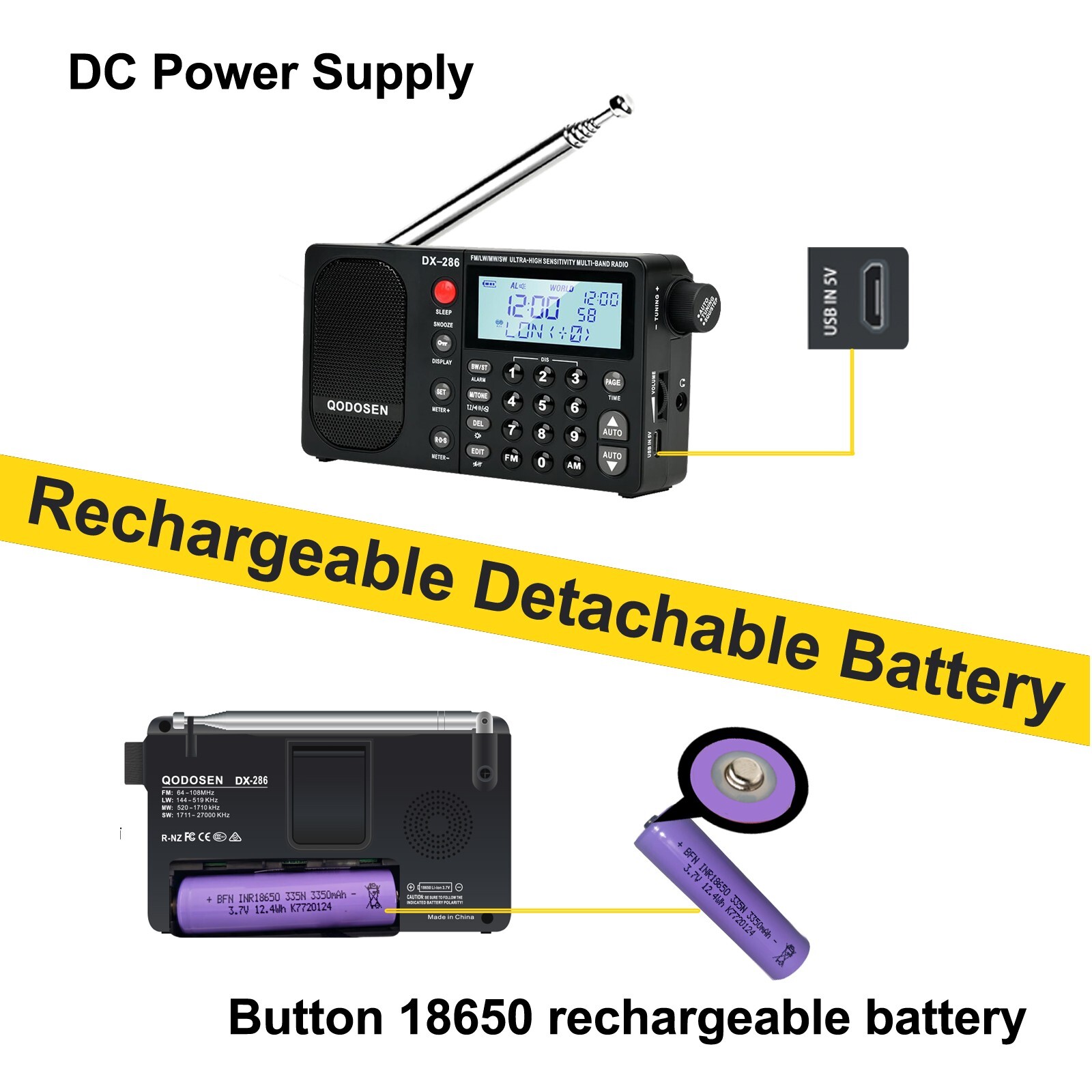 QODOSEN DX-286 Portable Shortwave Radio AM/FM/LW/SW Radios with 18650 Battery