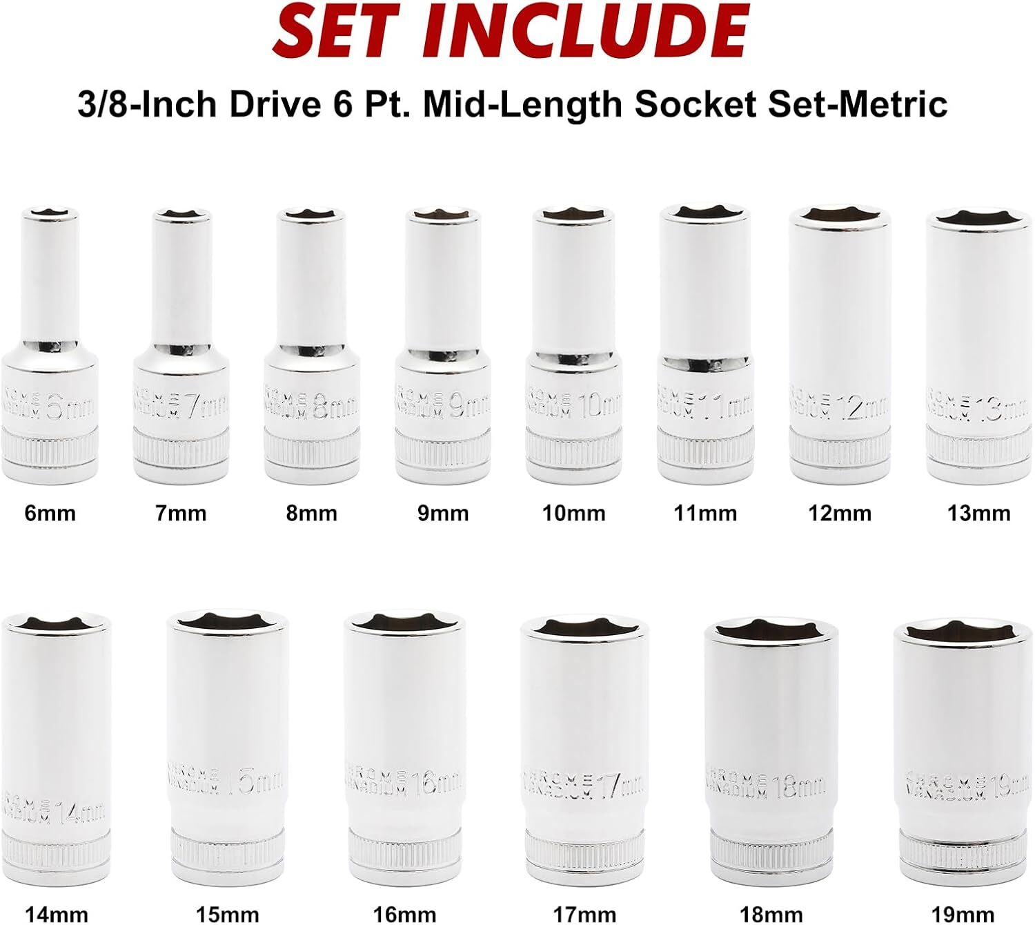 3/8" Drive Metric Deep Impact Socket Set Mid-Length 6-19 mm 14PCS 6 Point